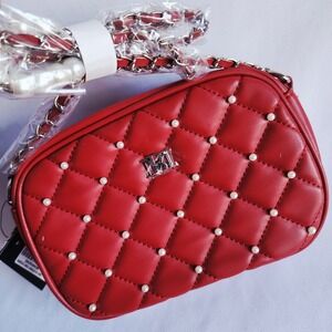 NWT Badgley Mischka Diamond Quilted Camera Bag Red Pearl Crossbody Purse BM4138